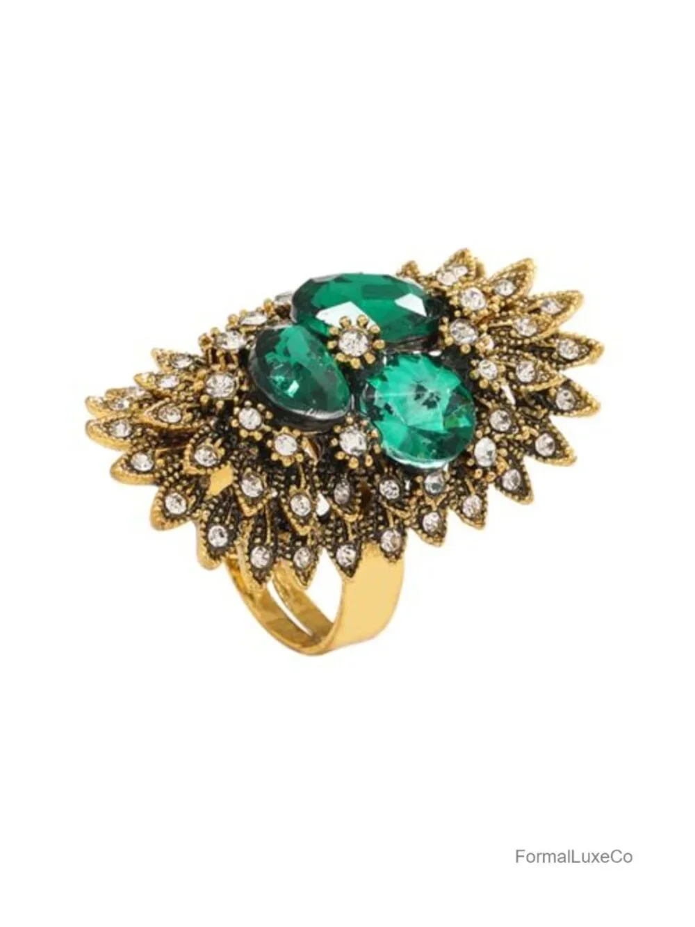Adjustable Wide Wrap Statement Ring - Gold Tone CZ Oval Flower Rhinestone
